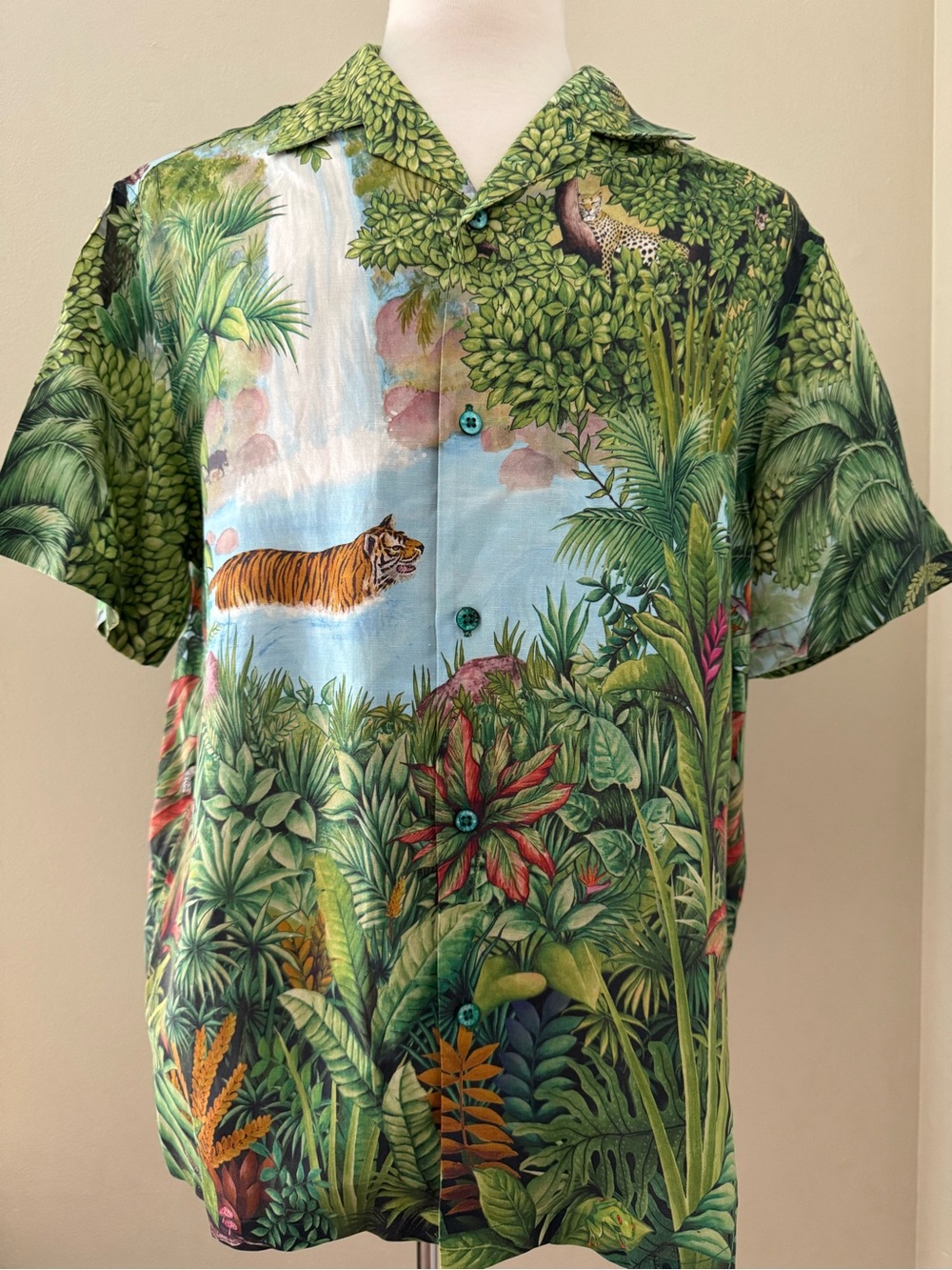 Tori Richard Linen Blend Jungle Tiger Waterfall Print Aloha Shirt Large